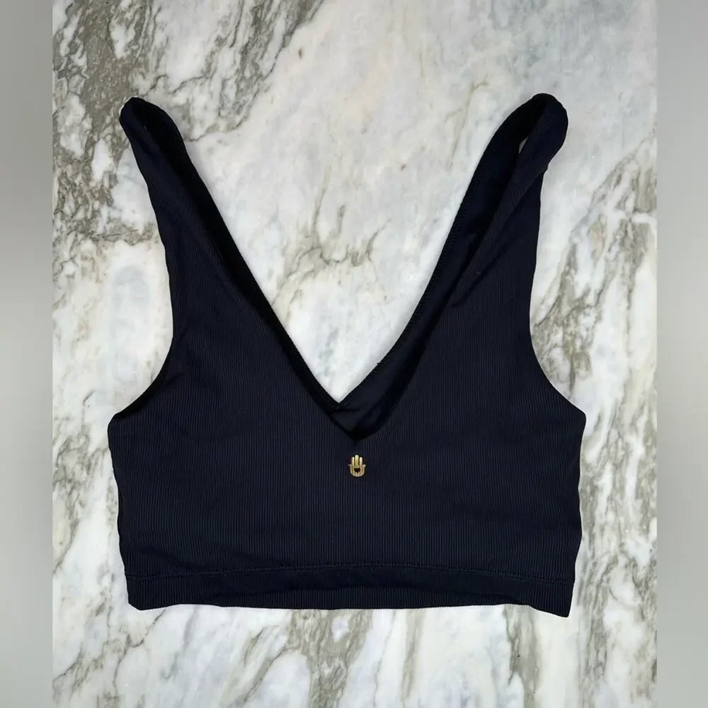 SPIRITUAL GANGSTER Womens V-Neck Plunge Ribbed Black Sports Yoga Bra Size XS